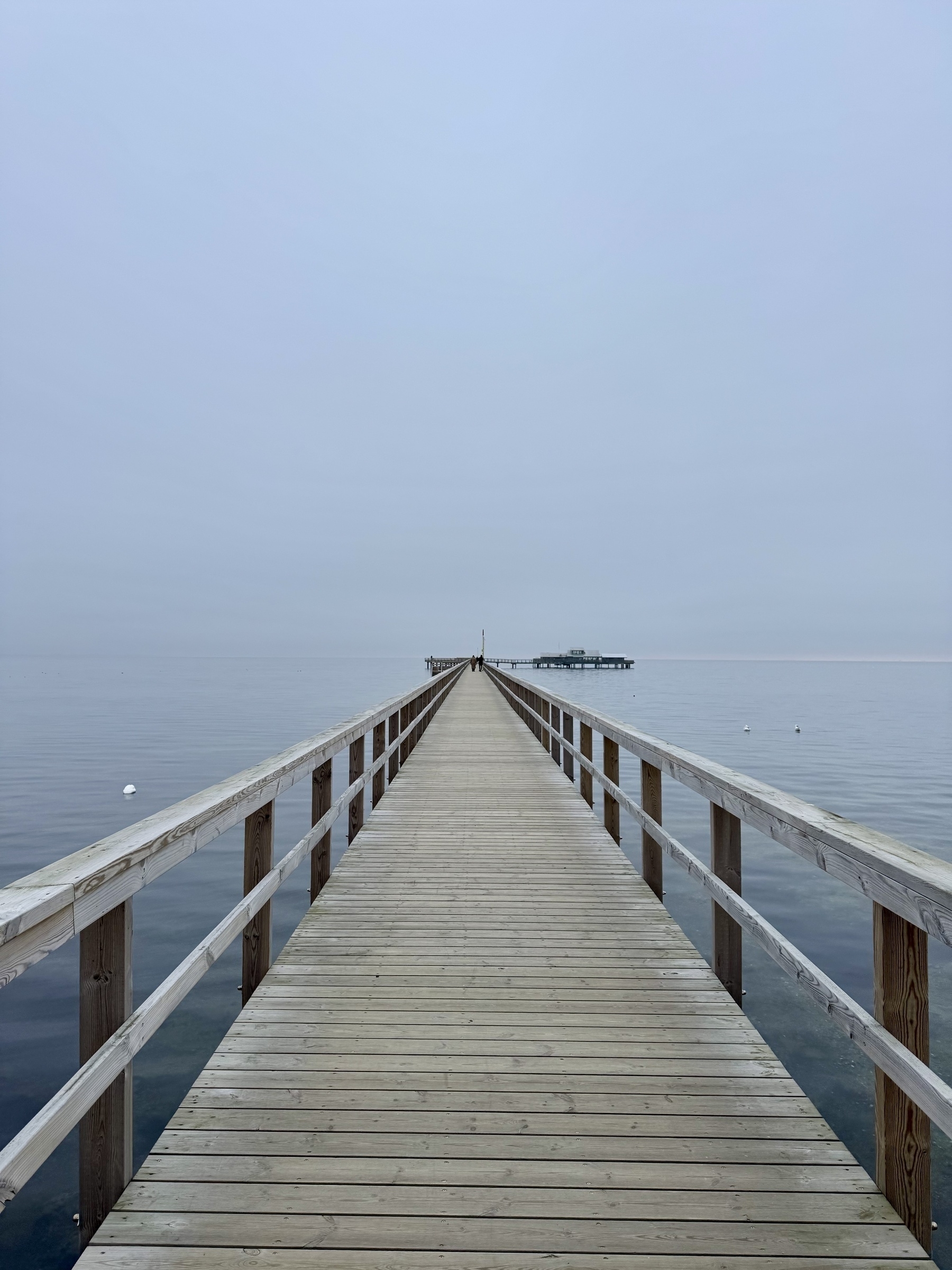 A long wooden pier extends over calm, foggy waters, leading to a distant structure.